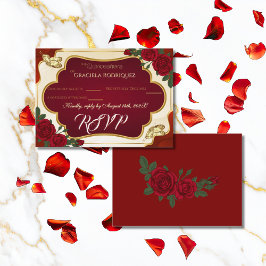 Tarjeta De Recepción Burgundy & Gold Rose Quinceañera RSVP Card