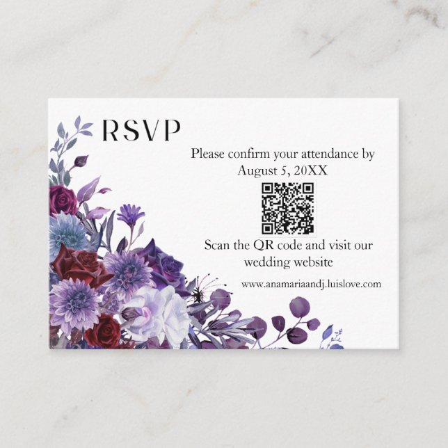 Tarjeta De Recepción Burgundy Lavender Dusty Blue Minimalist QR Code (Anverso)
