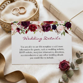 Tarjeta De Recepción Burgundy Marsala Red Floral Boda Información detal