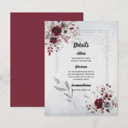 Tarjeta De Recepción Burgundy Profundo Gris Plateado Acuarela Floral Pe