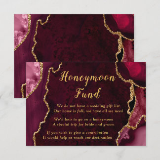 Tarjeta De Recepción Burgundy Red and Gold Agate Wedding Honeymoon Fund