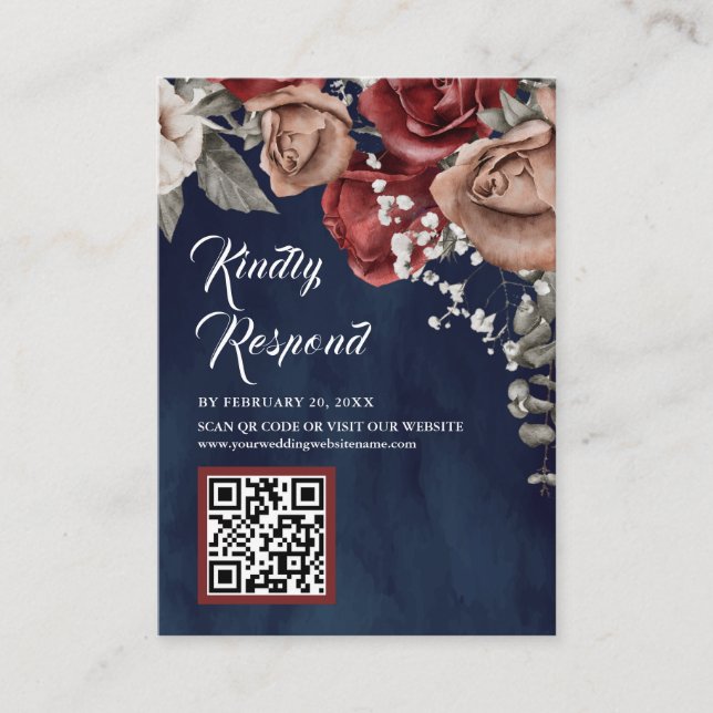 Tarjeta De Recepción Burgundy Red Floral QR Code RSVP Navy Blue Wedding (Anverso)