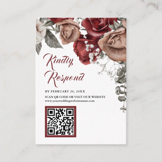 Tarjeta De Recepción Burgundy Red Floral QR Code RSVP Wedding Website (Anverso)