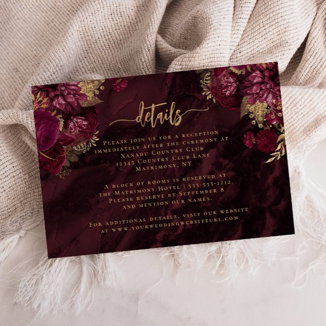 Tarjeta De Recepción Burgundy Red Gold Agate Floral Wedding Details (Subido por el creador)