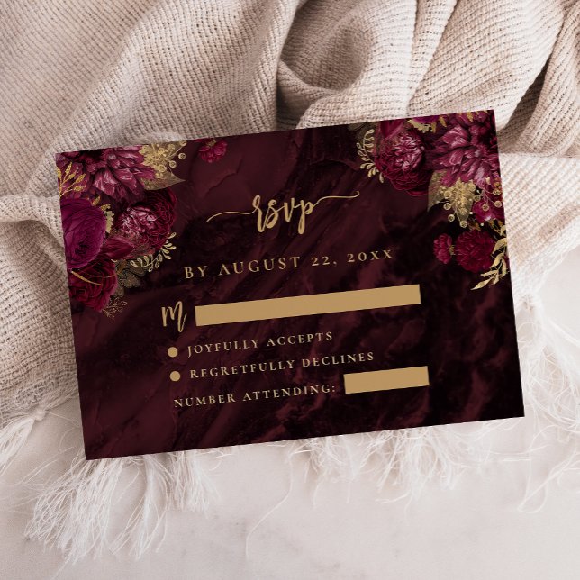 Tarjeta De Recepción Burgundy Red Gold Floral Agate Script Wedding RSVP (Subido por el creador)