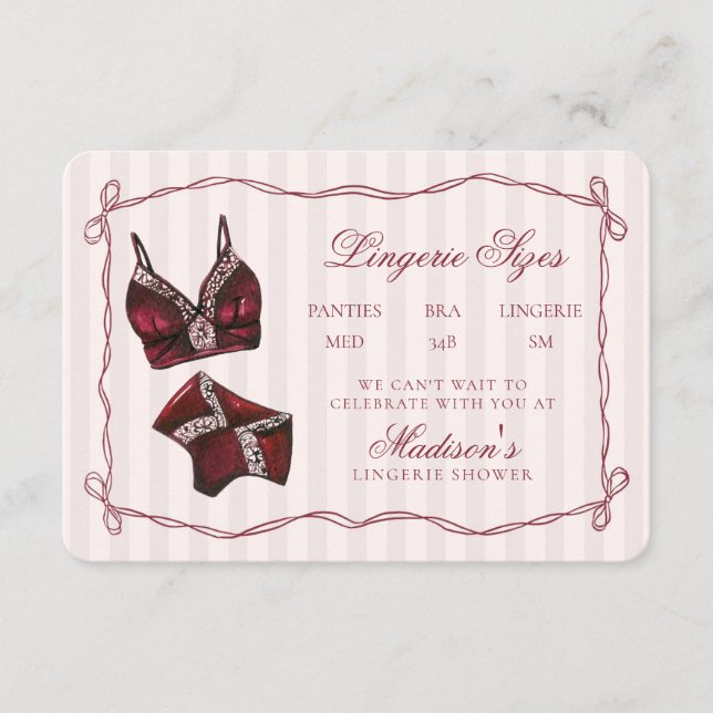 Tarjeta De Recepción Burgundy Red Lingerie Sizes Shower Bow (Anverso)