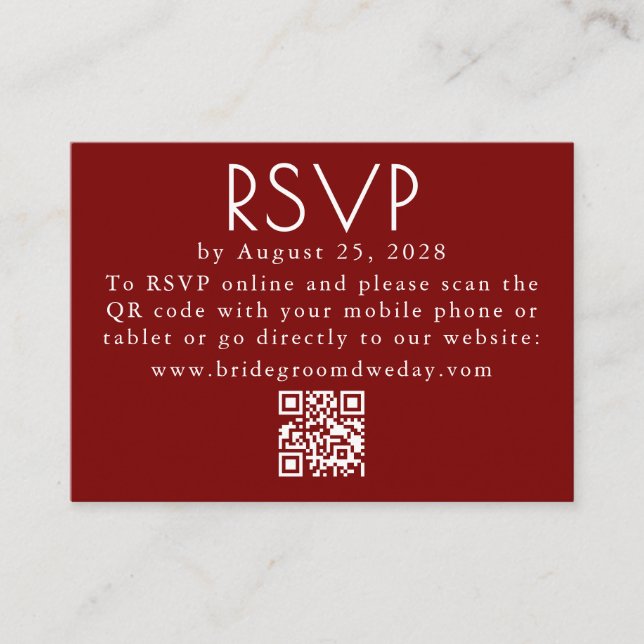 Tarjeta De Recepción Burgundy Red Modern Minimalist Wedding QR RSVP (Anverso)