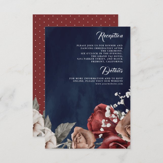 Tarjeta De Recepción Burgundy Red Rose Floral Navy Blue Wedding Details (Anverso / Reverso)