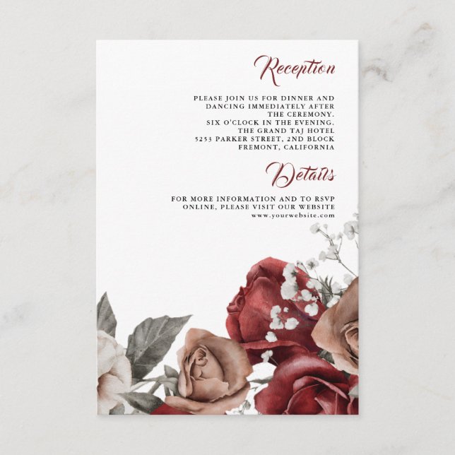 Tarjeta De Recepción Burgundy Red Roses Floral Wedding Details (Anverso)