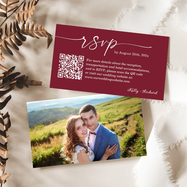 Tarjeta De Recepción Burgundy Red Wedding RSVP sitio web QR Code Photo (Subido por el creador)