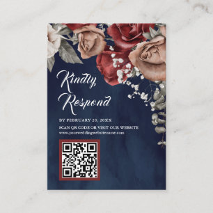 Tarjeta De Recepción Burgundy Rojo Floral Código QR RSVP Azul Marino Bo