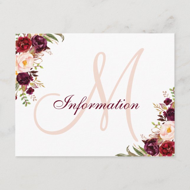 Tarjeta De Recepción Burgundy Rubor Floral Elegant Wedding Information (Anverso)