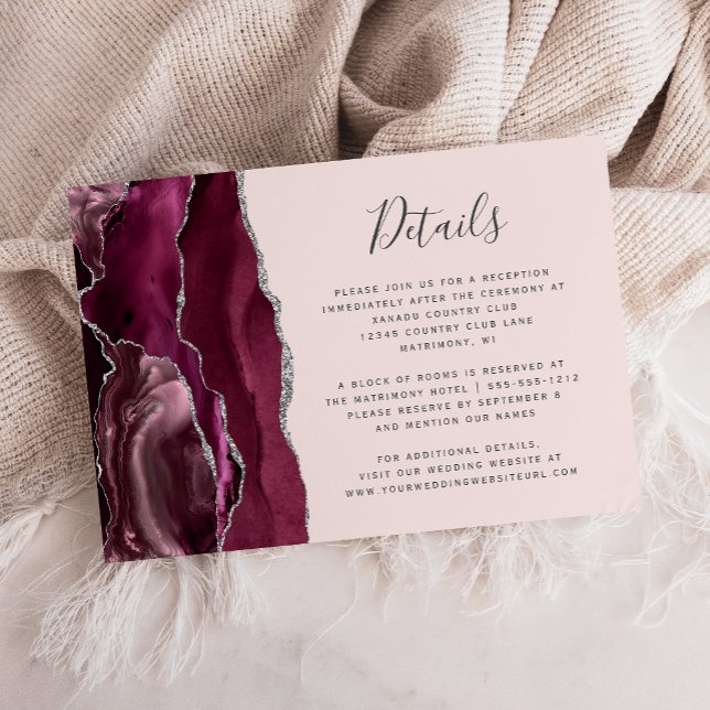 Tarjeta De Recepción Burgundy Silver Agate Blush Pink Wedding Details (Subido por el creador)