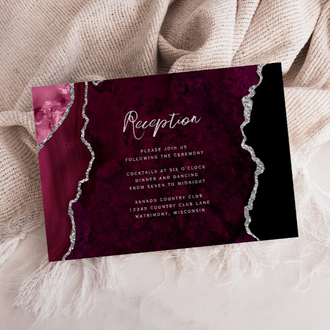 Tarjeta De Recepción Burgundy Silver Agate Script Wedding Reception (Subido por el creador)