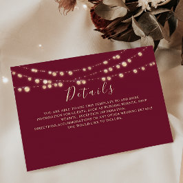 Tarjeta De Recepción Burgundy String Lights Boda Details Card