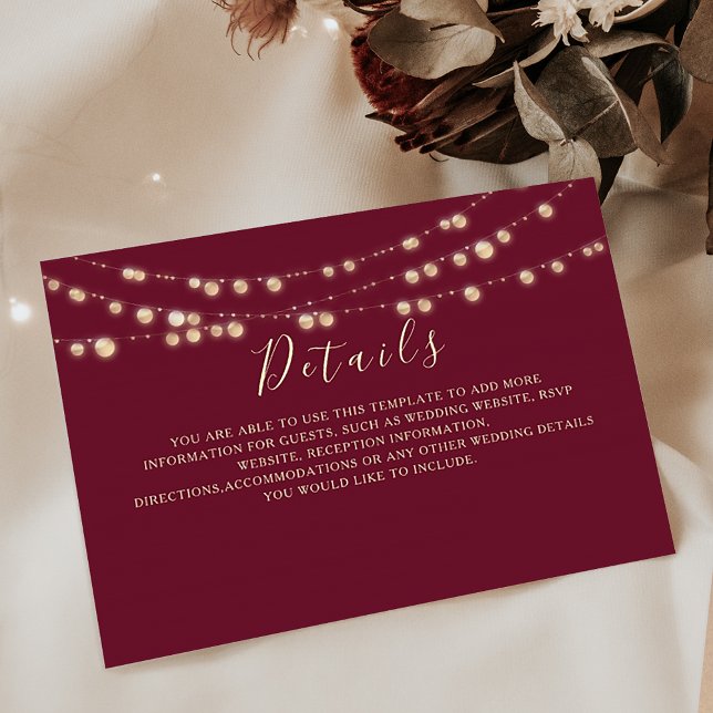 Tarjeta De Recepción Burgundy String Lights Boda Details Card (Subido por el creador)