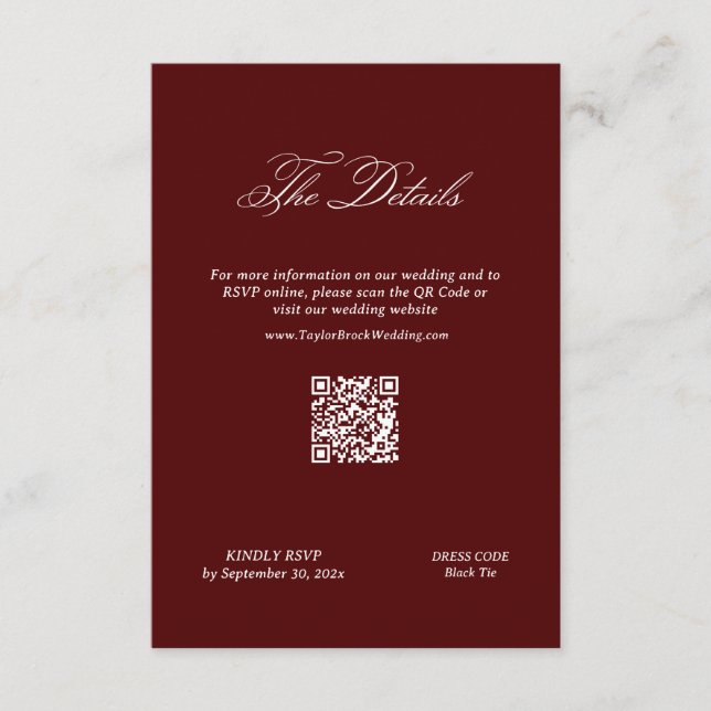 Tarjeta De Recepción Burgundy Wedding Details Qr Code (Anverso)