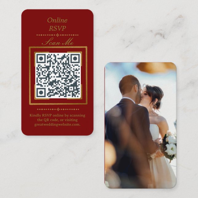 Tarjeta De Recepción Burgundy Wine | Photo Online RSVP QR Code Wedding  (Anverso / Reverso)