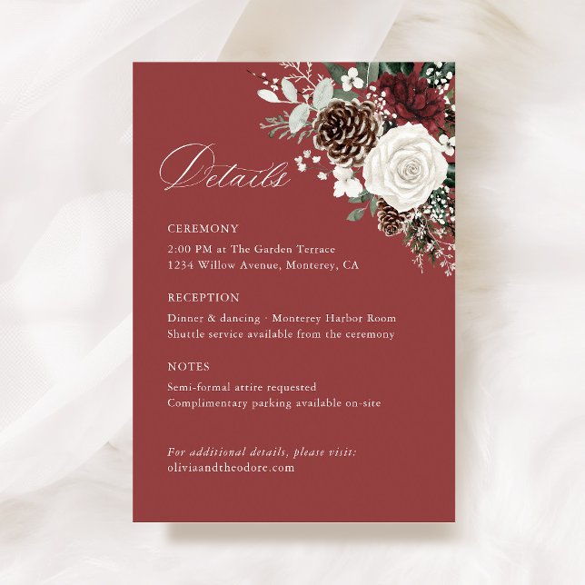 Tarjeta De Recepción Burgundy Winter Floral Wedding Details, Infomation (Burgundy winter floral wedding information details card elegant itinerary reception schedule )