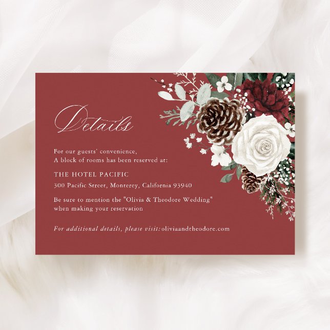 Tarjeta De Recepción Burgundy Winter Floral Wedding Hotel Details (Burgundy winter floral wedding details card hotel accommodation rustic elegant stationery)
