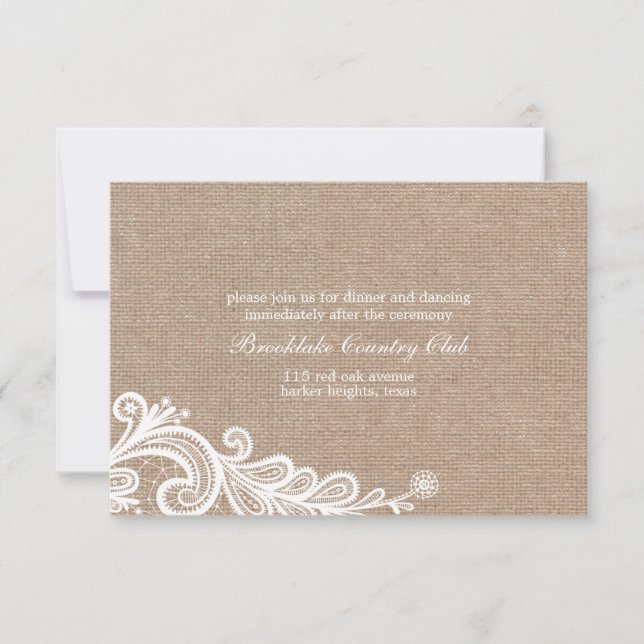 Tarjeta de recepción Burlap and Lace Wedding (Anverso)