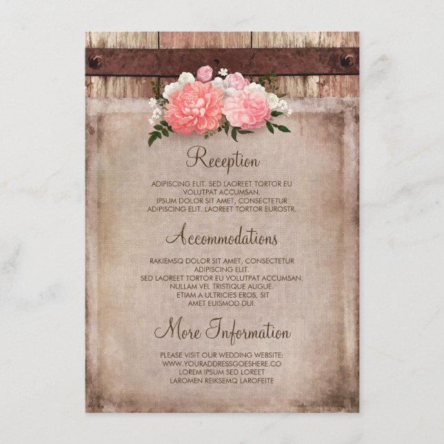 Tarjeta De Recepción Burlap floral e información sobre Bodas de madera  (Anverso)