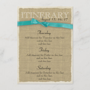 Tarjeta De Recepción Burlap Itinerary Aqua Bow
