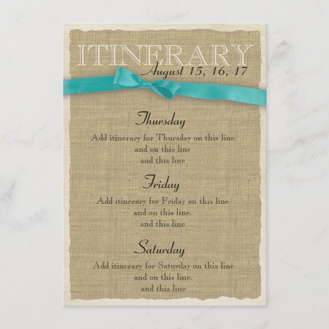 Tarjeta De Recepción Burlap Itinerary Aqua Bow (Anverso)