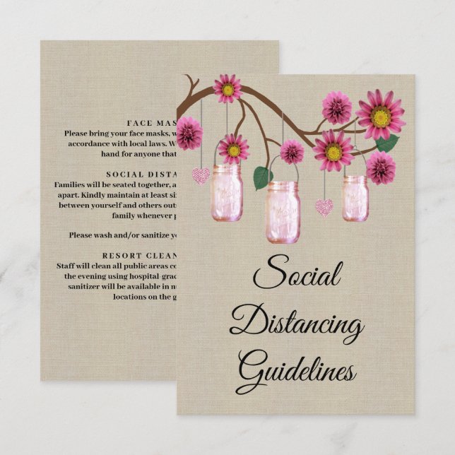 Tarjeta De Recepción Burlap Pink Floral Mason Jar Medidas de seguridad (Anverso / Reverso)