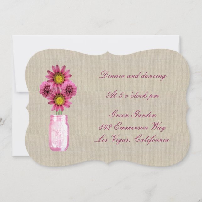 Tarjeta de recepción Burlap Rustic Pink Mason Jar (Anverso)