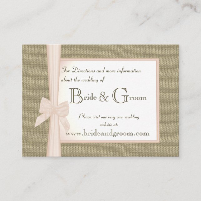 Tarjeta De Recepción Burlap y Rubor Bow Boda Web Info (Anverso)