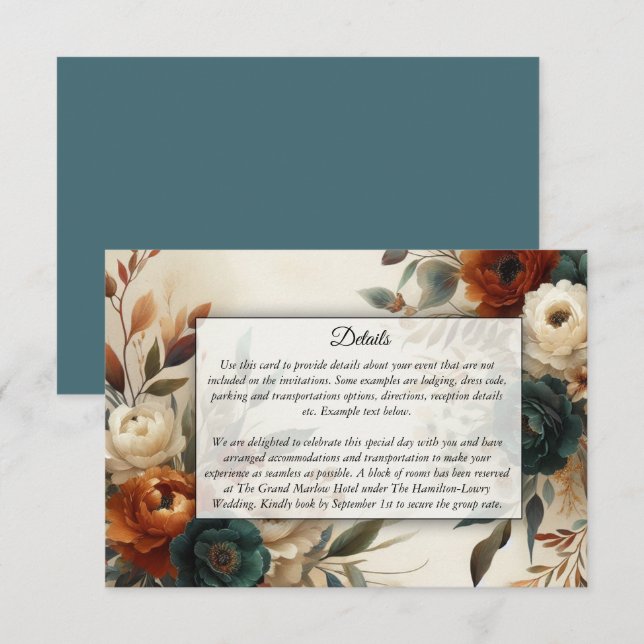Tarjeta De Recepción Burnt Orange and Blue Fall Flowers Wedding (Anverso / Reverso)