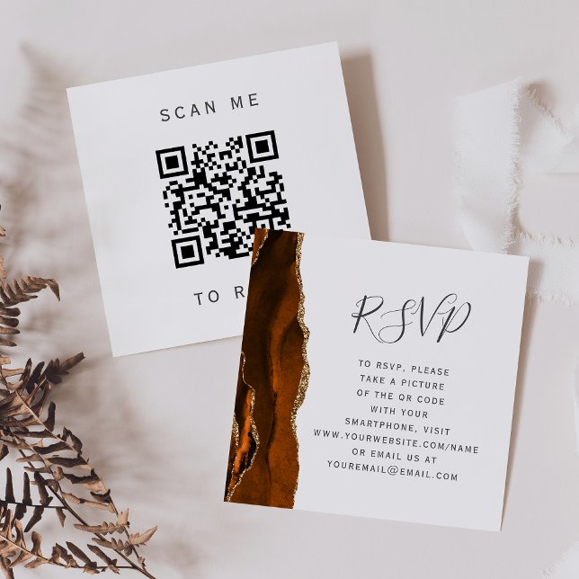 Tarjeta De Recepción Burnt Orange Gold Agate Wedding QR Code RSVP (Subido por el creador)