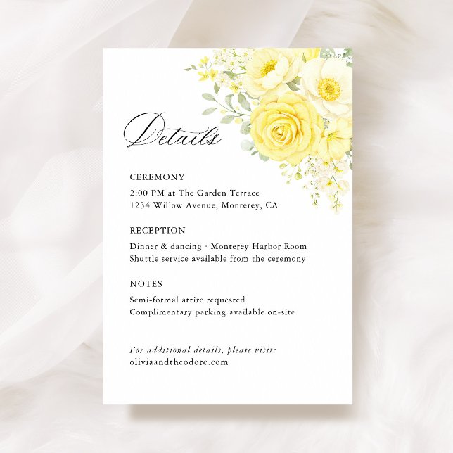 Tarjeta De Recepción Butter Yellow Ivory Floral Wedding Details, Info (butter yellow wedding details card ceremony reception card ivory floral wedding information card)