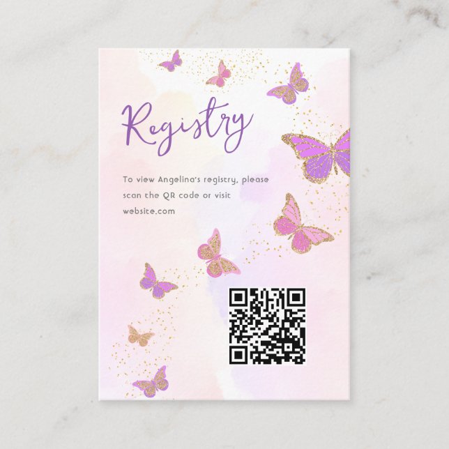 Tarjeta De Recepción Butterflies Registro de duchas de novias Código QR (Anverso)