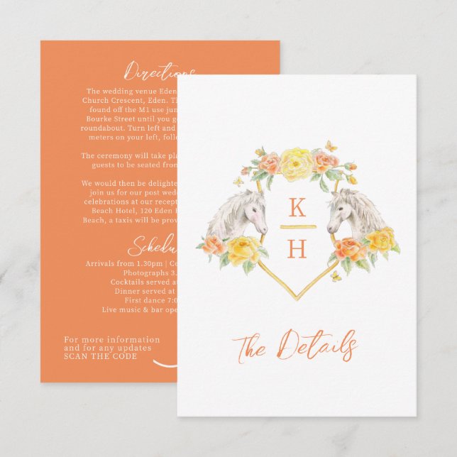 Tarjeta De Recepción Caballos grises rosas naranjas blandos bodas detal (Anverso / Reverso)