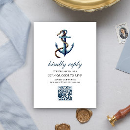 Tarjeta De Recepción Cable de Ancla Azul Marino Rústico Código QR RSVP 