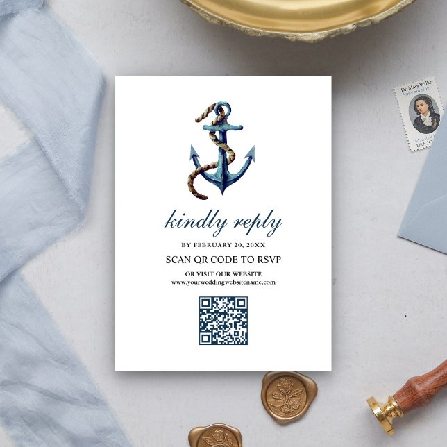 Tarjeta De Recepción Cable de Ancla Azul Marino Rústico Código QR RSVP  (Subido por el creador)