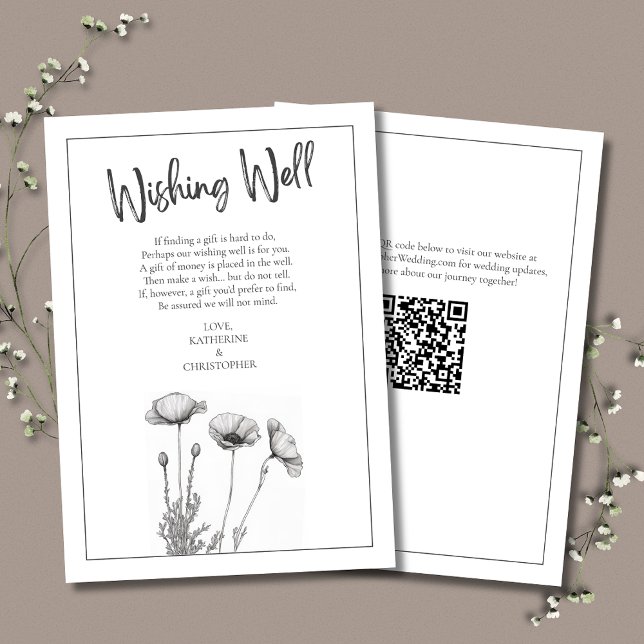 Tarjeta De Recepción Cachorros blancos y negros Elegante Boda Deseando  (Elegant Wedding Wishing Well Enclosure Card with White Poppies & QR Code for wedding website.)