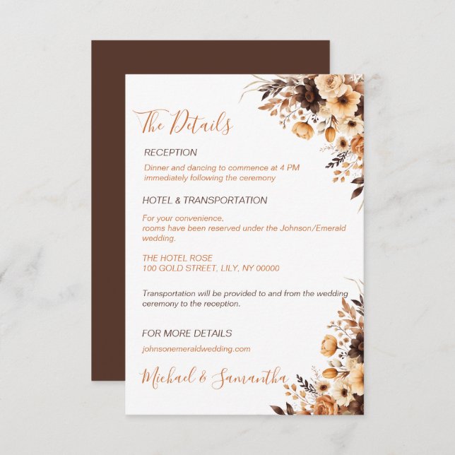 Tarjeta De Recepción Cae en matrimonio rústico marrón y marfil Rosa de  (Anverso / Reverso)