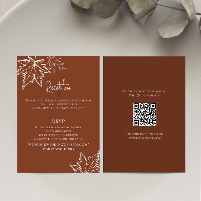Tarjeta De Recepción Caída de Borgoña deja Boda de QR Code RSVP (Burgundy wedding reception enclosure card. with RSVP details. )