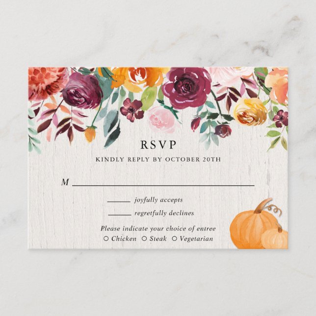 Tarjeta De Recepción Caída floral y calabazas acuarela boda RSVP (Anverso)