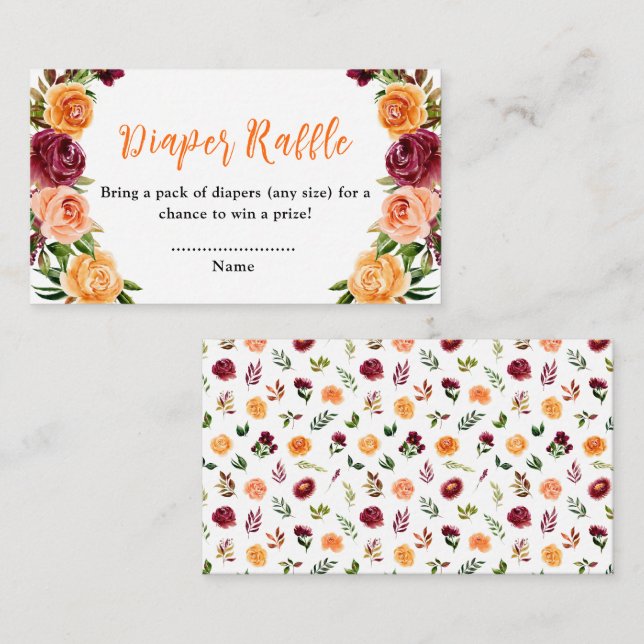 Tarjeta De Recepción Caída Naranja Borgoña Floral Baby Diaper Raffle (Anverso / Reverso)