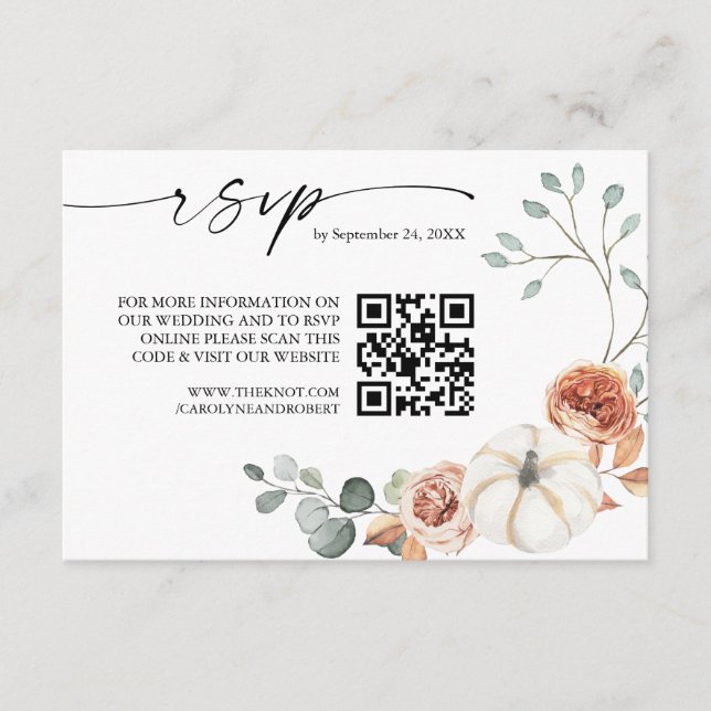 Tarjeta De Recepción Caída Otoño Calabaza Floral Código QR Boda RSVP (Anverso)