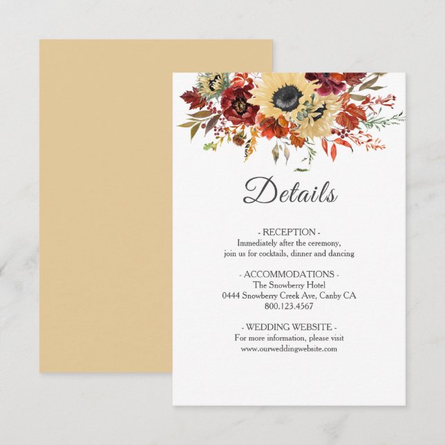 Tarjeta De Recepción Caída Rústica Boda de calabaza floral de girasol (Anverso / Reverso)