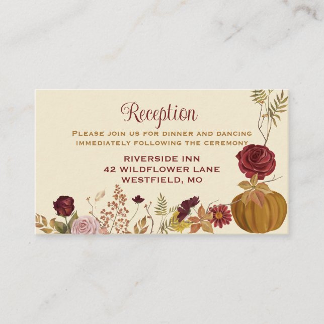 Tarjeta De Recepción Calabaza floral de otoño rústica (Anverso)