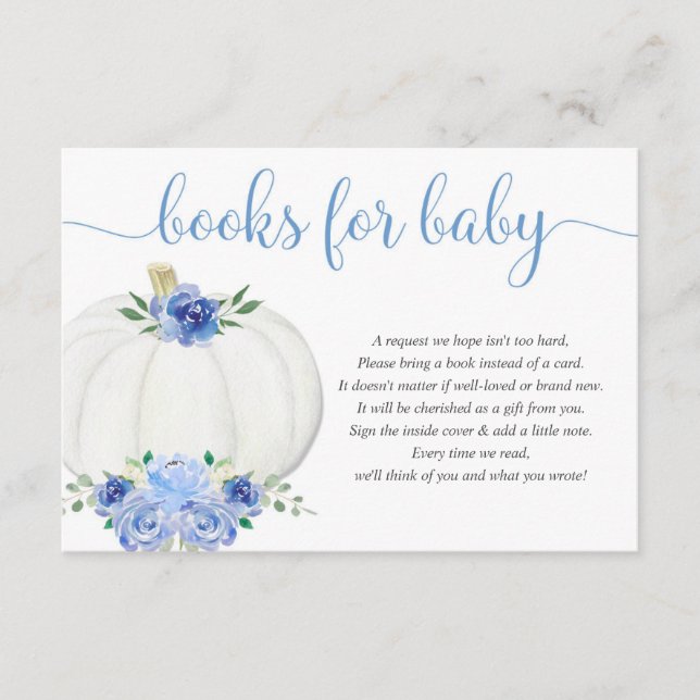 Tarjeta De Recepción Calabaza libros de niños con flores azules para be (Anverso)