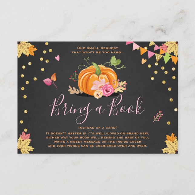 Tarjeta De Recepción Calabaza trae un libro otoño Baby Shower rosa (Anverso)
