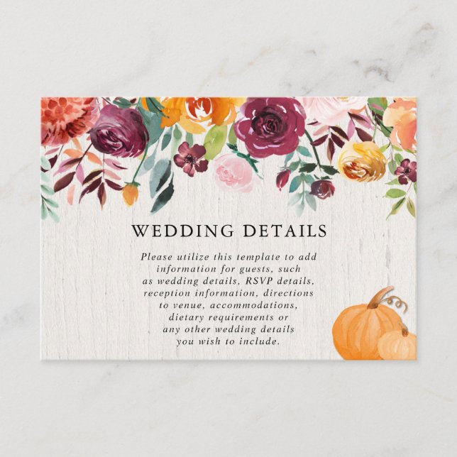 Tarjeta De Recepción Calabazas florales de otoño acuarela detalles del  (Anverso)