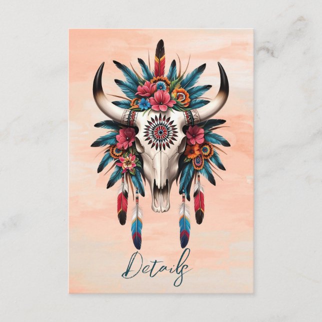 Tarjeta De Recepción Calavera de Vaca Floral Acuarela Tribal Código QR  (Anverso)
